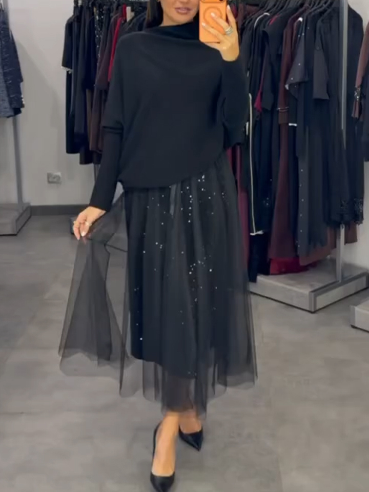 Women Interior Patchwork Mesh Sequin Dress+ Top Casual Suit