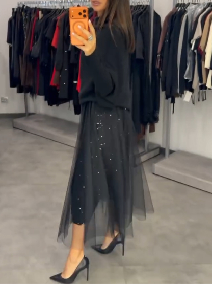 Women Interior Patchwork Mesh Sequin Dress+ Top Casual Suit