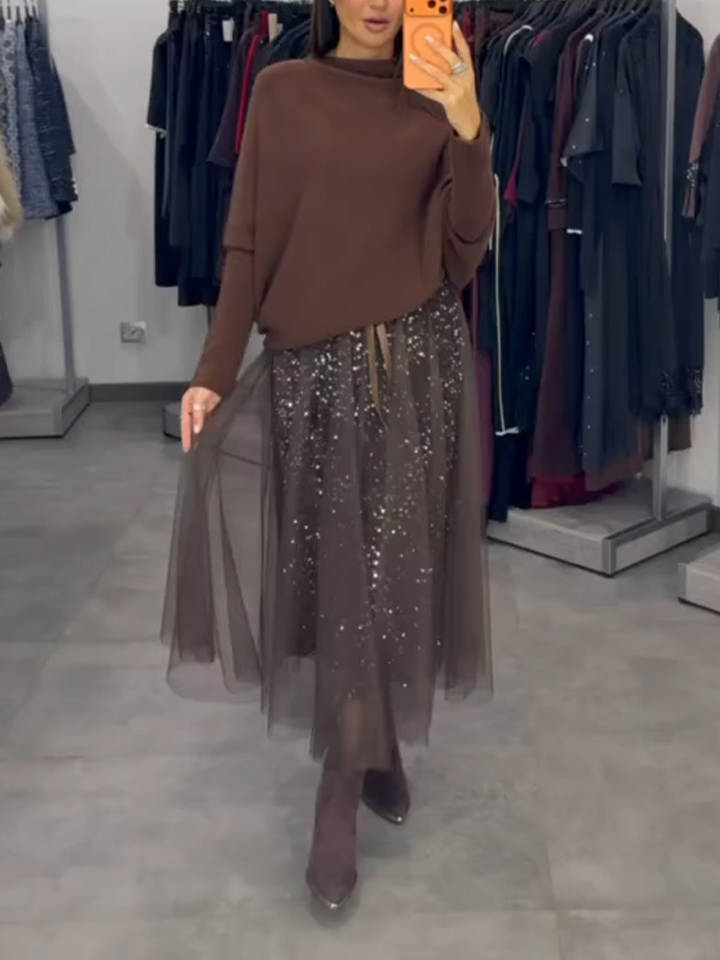 Women Interior Patchwork Mesh Sequin Dress+ Top Casual Suit