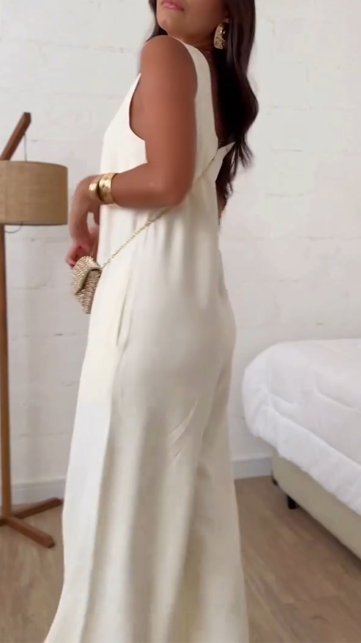 Women V-neck Solid Color Casual Jumpsuit