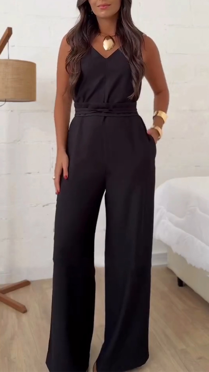 Women V-neck Solid Color Casual Jumpsuit