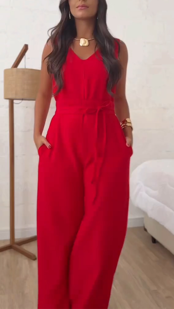 Women V-neck Solid Color Casual Jumpsuit