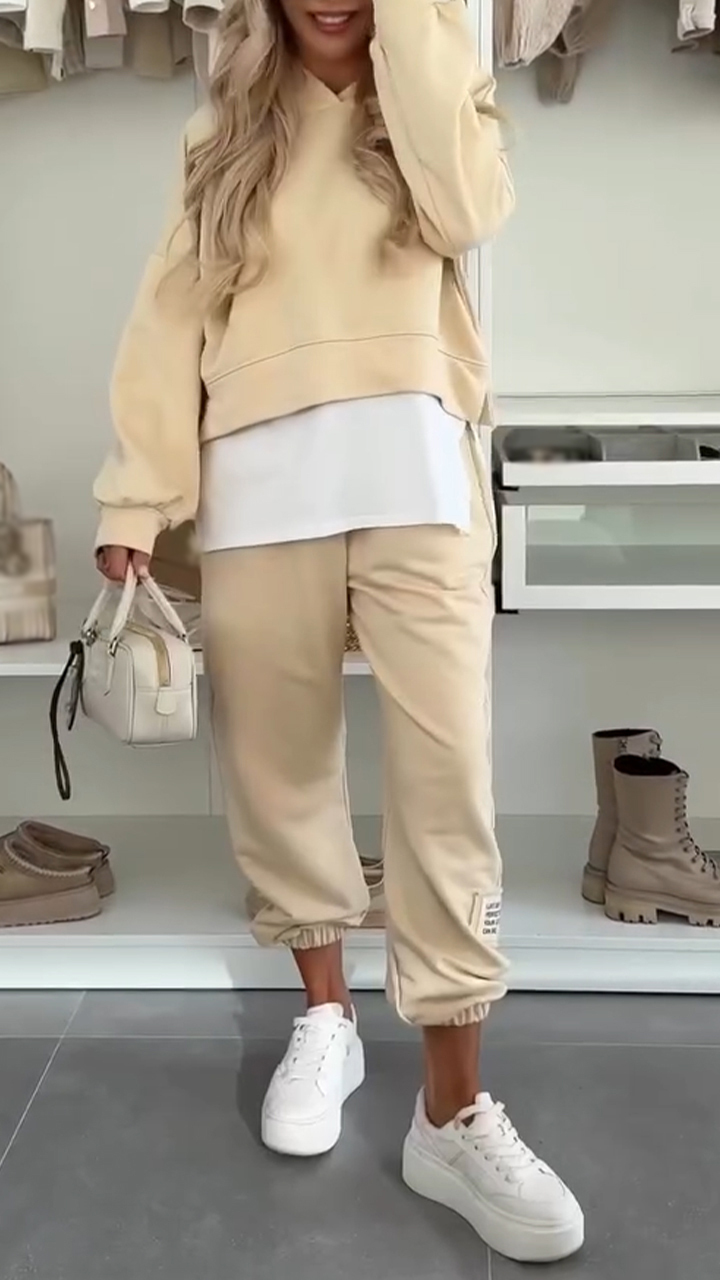 Womens Round Neck Hooded Hoodie + Pants Casual Suit