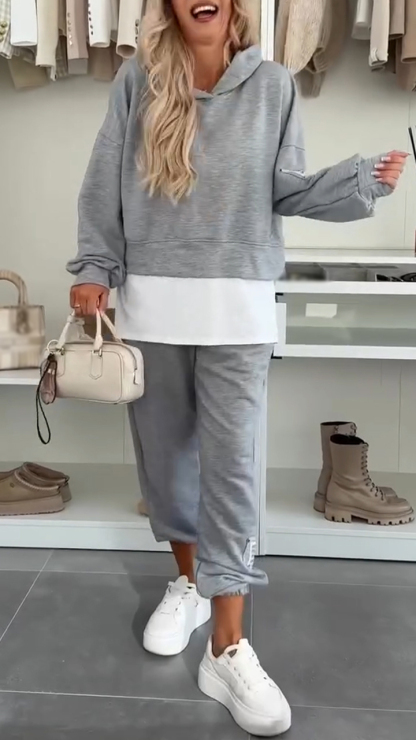 Womens Round Neck Hooded Hoodie + Pants Casual Suit