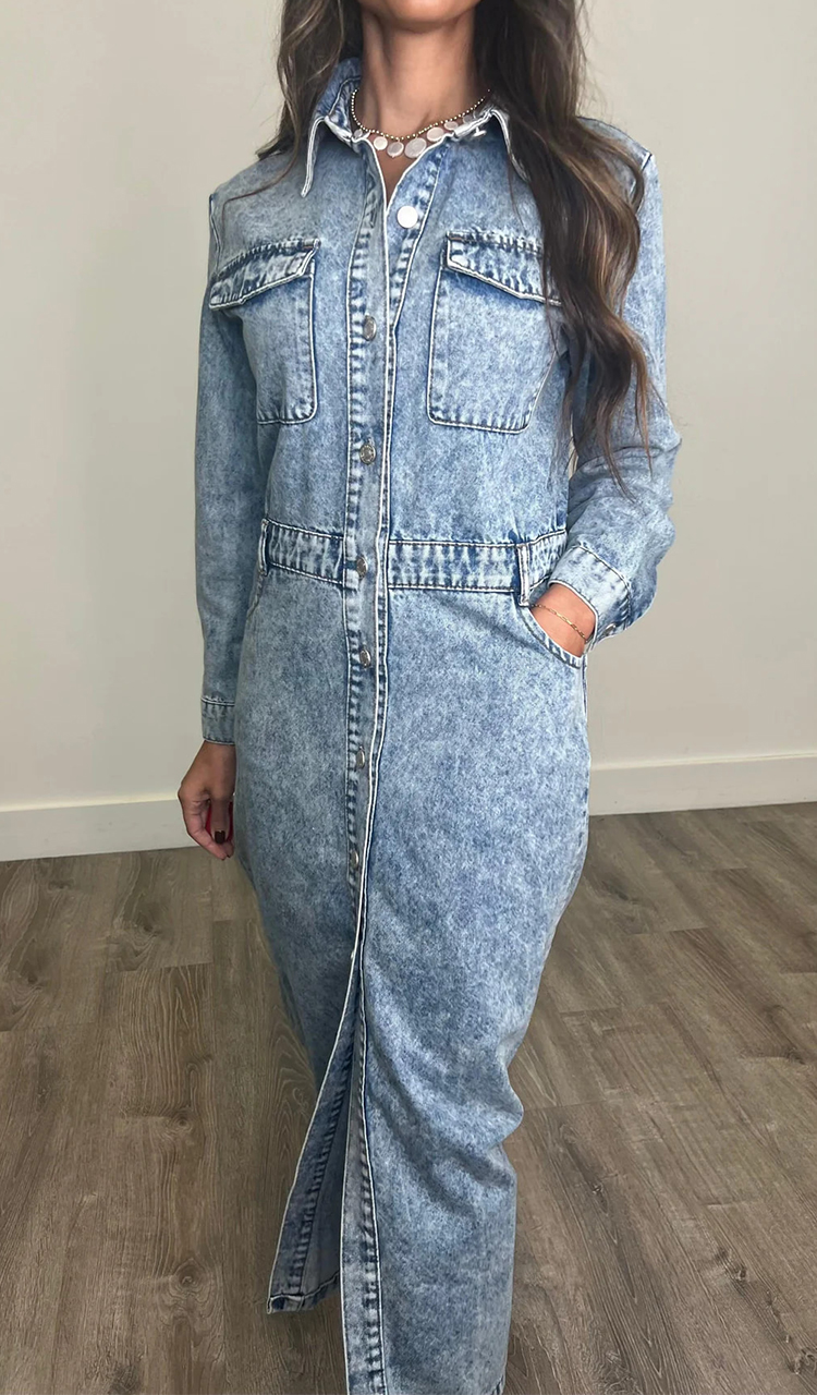 Women Lapel Patchwork Button-down Casual Denim Dress