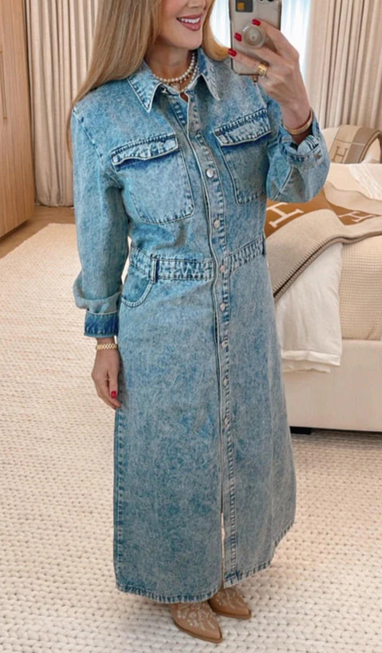Women Lapel Patchwork Button-down Casual Denim Dress