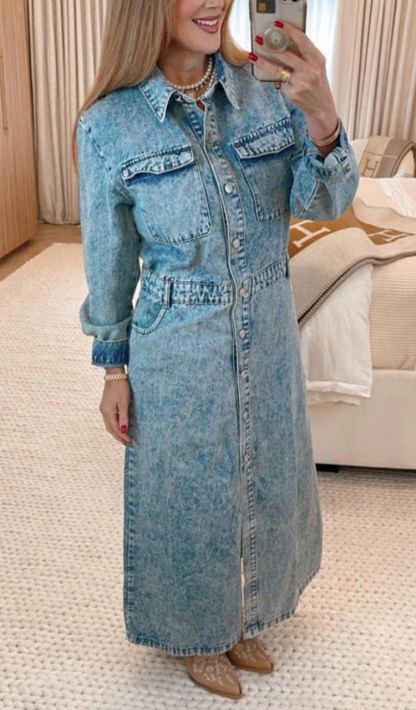 Women Lapel Patchwork Button-down Casual Denim Dress