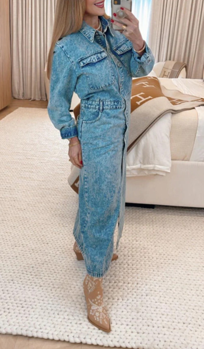 Women Lapel Patchwork Button-down Casual Denim Dress