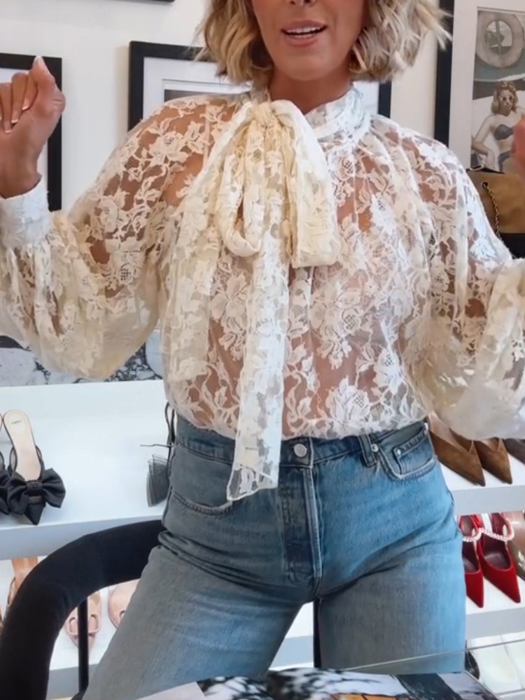 Women Round Neck Printed Sheer Casual Top