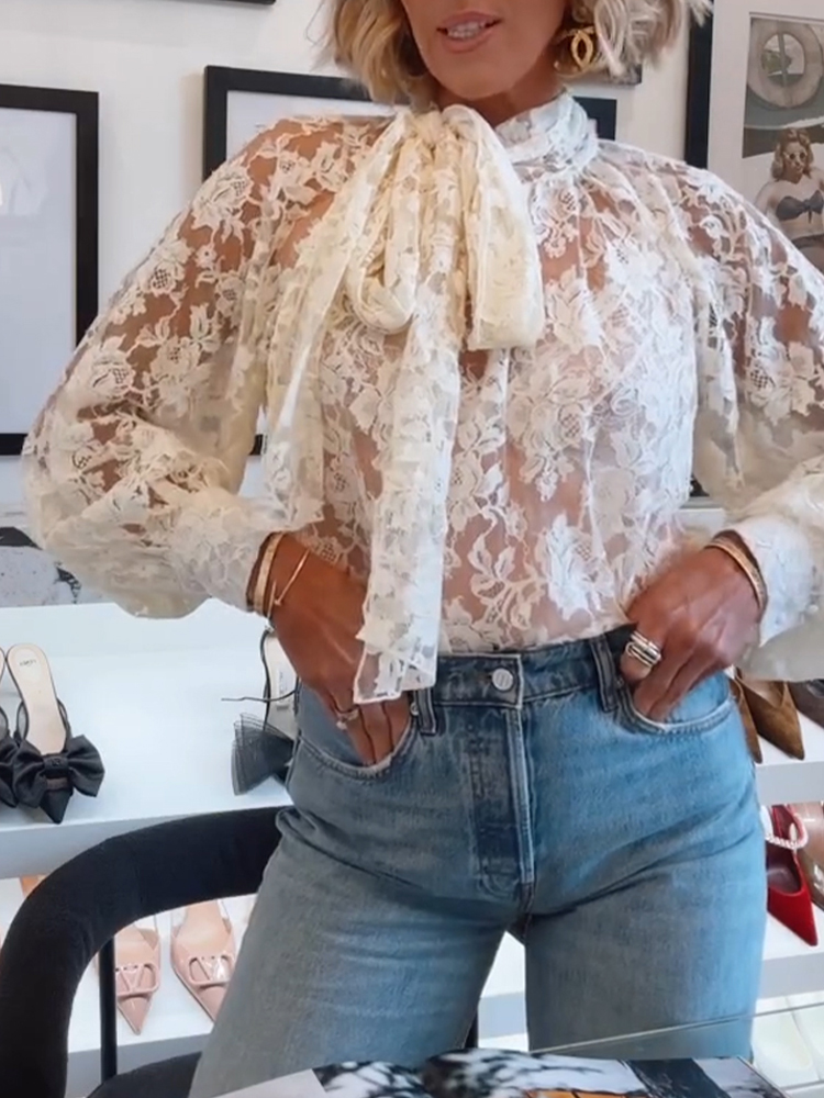 Women Round Neck Printed Sheer Casual Top