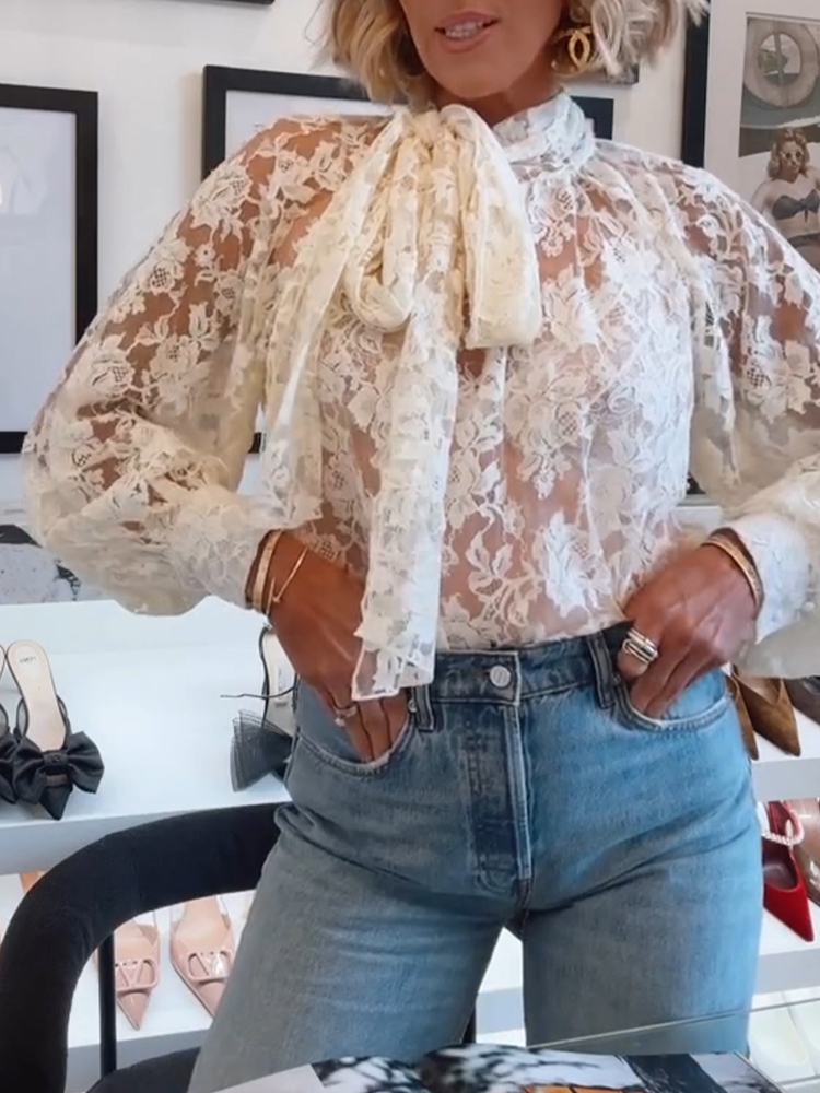 Women Round Neck Printed Sheer Casual Top