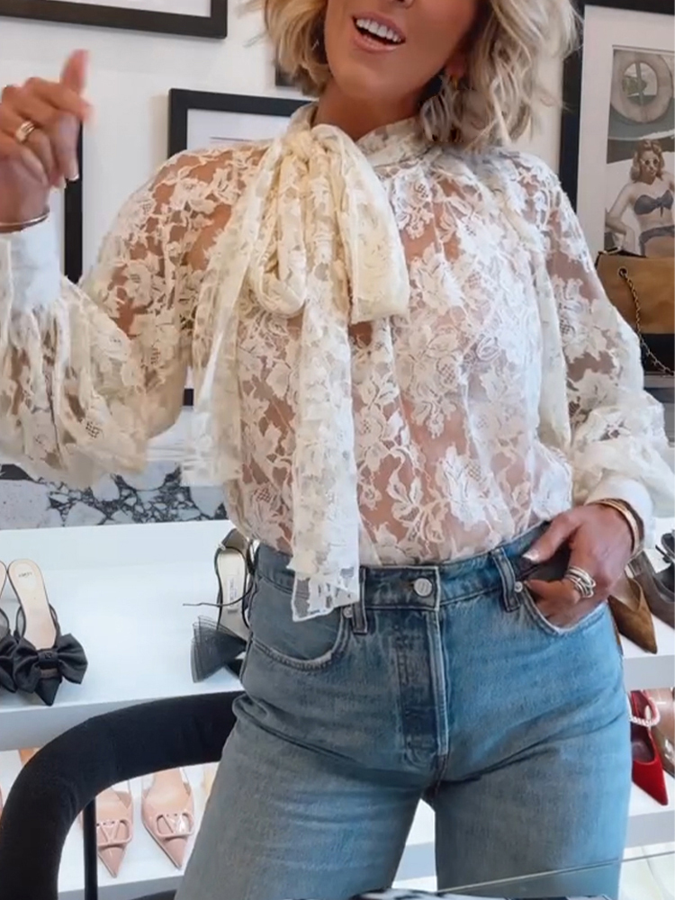 Women Round Neck Printed Sheer Casual Top