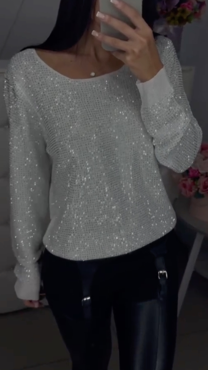 Women's V-neck Casual Top with Hotfix Rhinestones