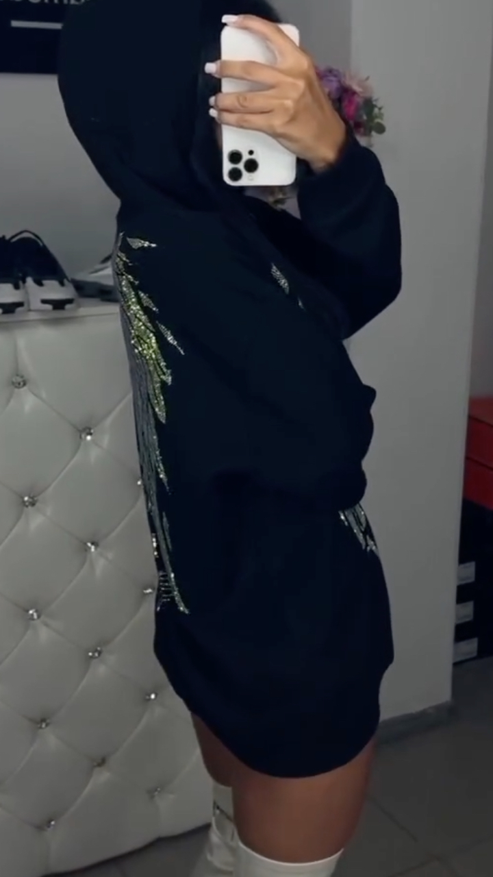 Women's Hooded Leopard Print Casual Top with Rhinestones