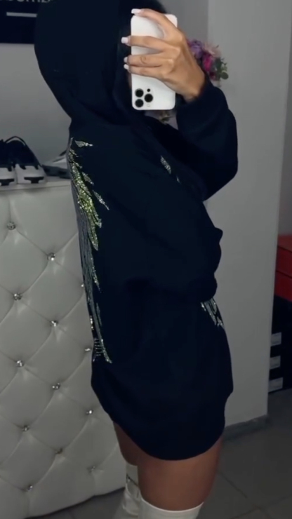 Women's Hooded Leopard Print Casual Top with Rhinestones