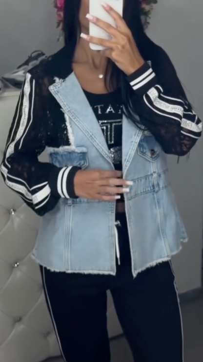 Women's Lapel Denim Patchwork Casual Jacket