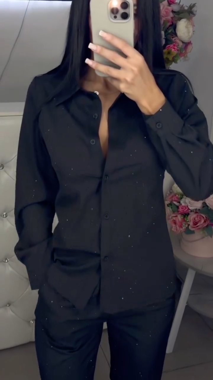 Women's Lapel Rhinestone Embellished Casual Shirt