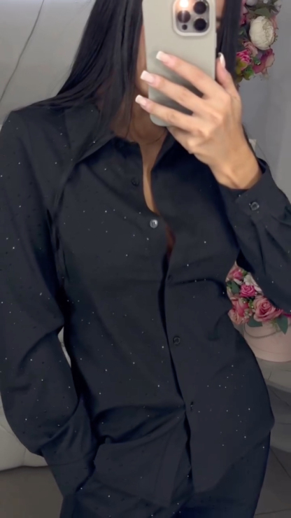 Women's Lapel Rhinestone Embellished Casual Shirt