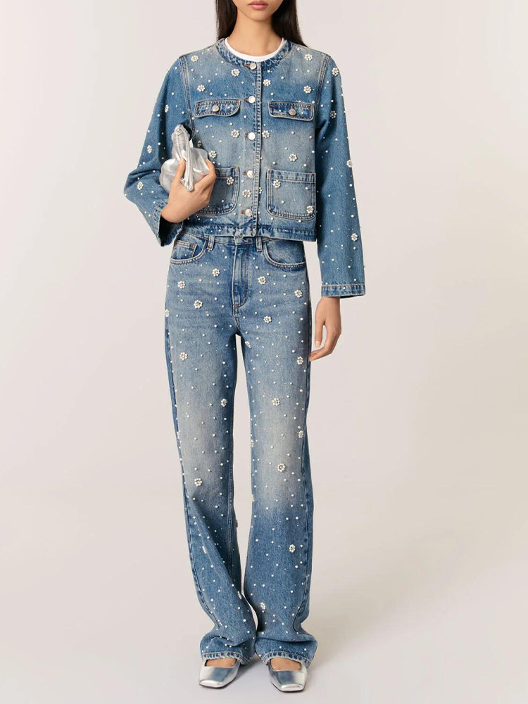 Women Round Neck Washed Beaded Jacket + Jeans Casual Suit