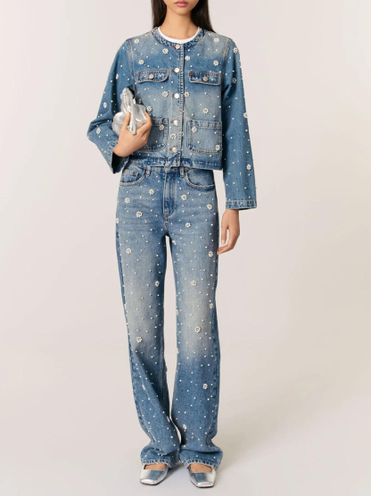 Women Round Neck Washed Beaded Jacket + Jeans Casual Suit