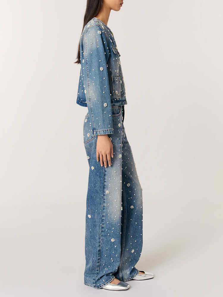 Women Round Neck Washed Beaded Jacket + Jeans Casual Suit