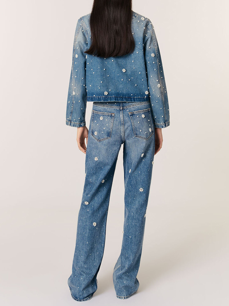 Women Round Neck Washed Beaded Jacket + Jeans Casual Suit