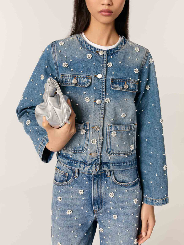 Women Round Neck Washed Beaded Jacket + Jeans Casual Suit