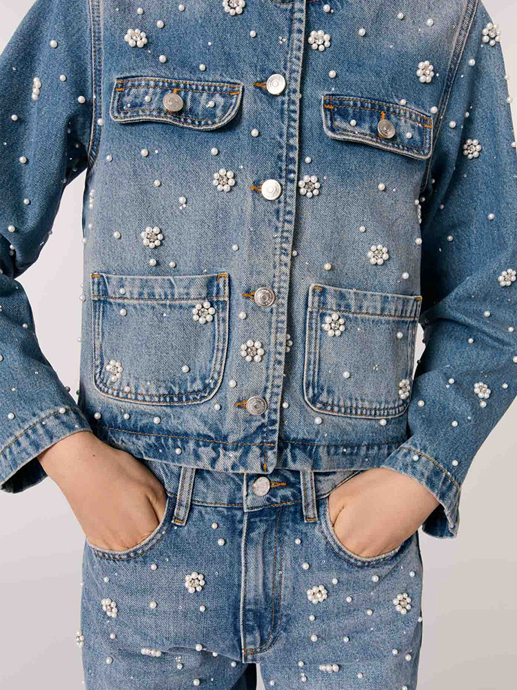 Women Round Neck Washed Beaded Jacket + Jeans Casual Suit