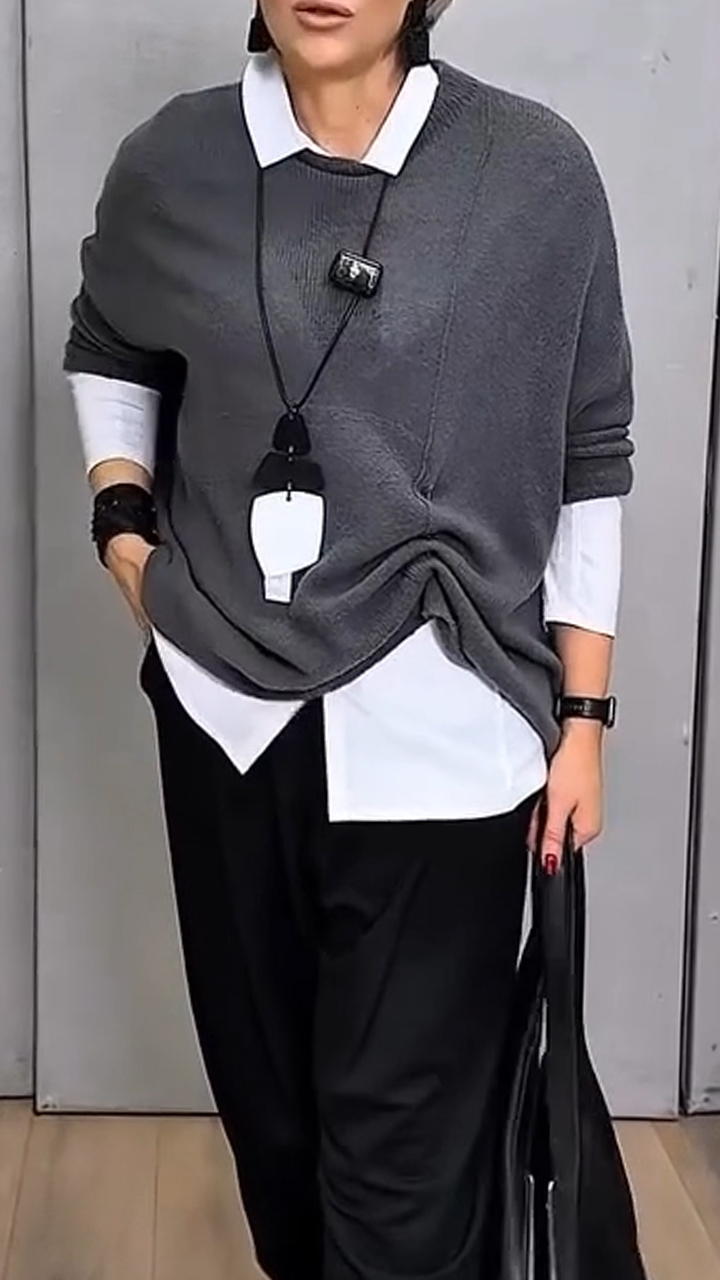 Women Round Neck Gray Top and Pants Casual Suit