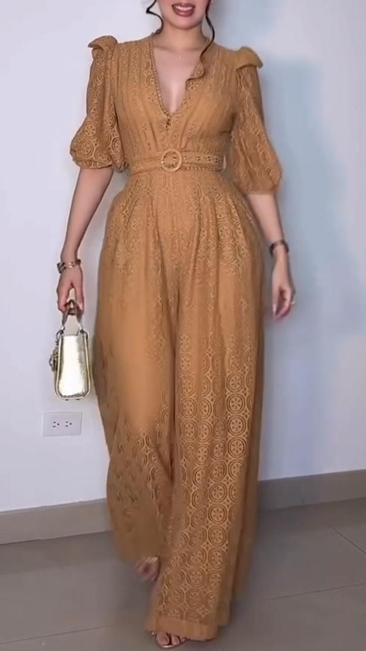 Women Deep V-neck Patchwork Printed Casual Jumpsuit with Temperament