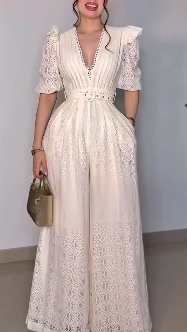 Women Deep V-neck Patchwork Printed Casual Jumpsuit with Temperament