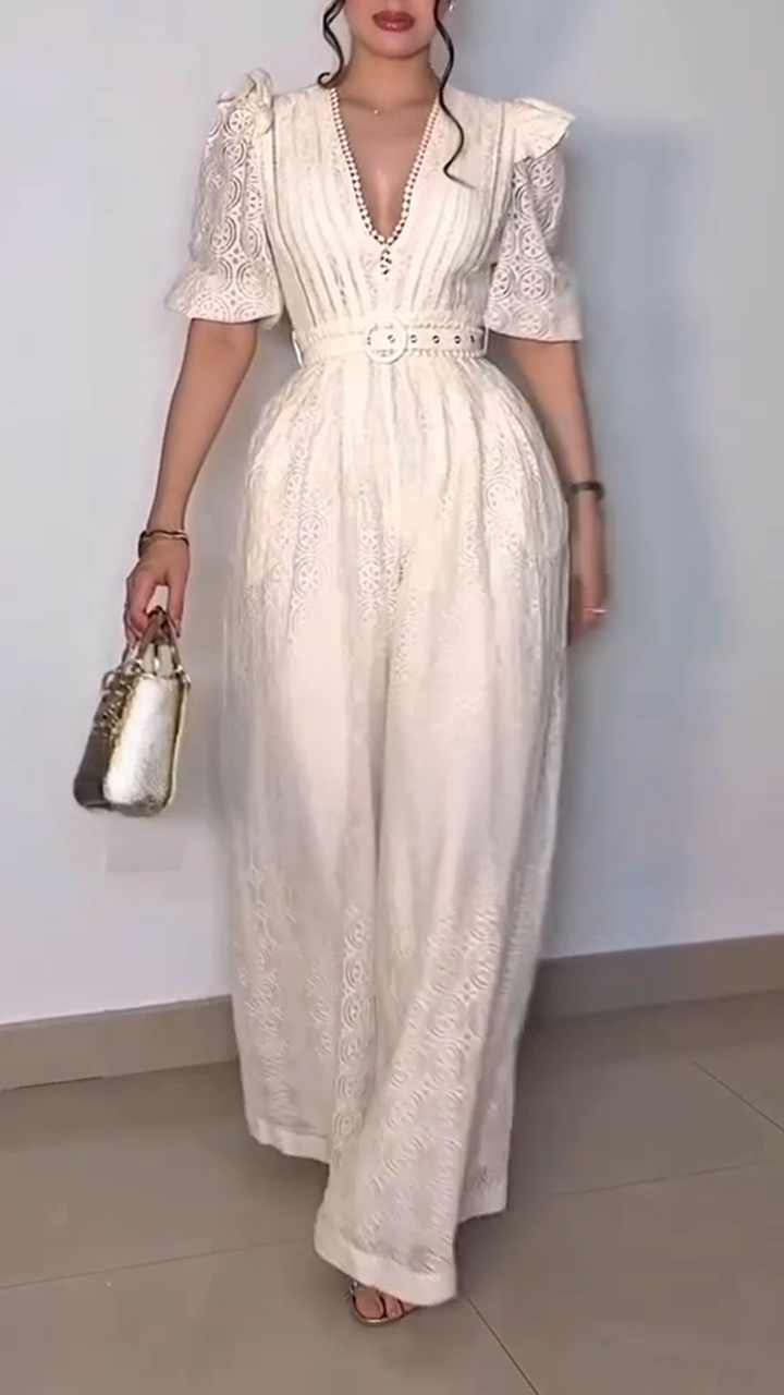 Women Deep V-neck Patchwork Printed Casual Jumpsuit with Temperament