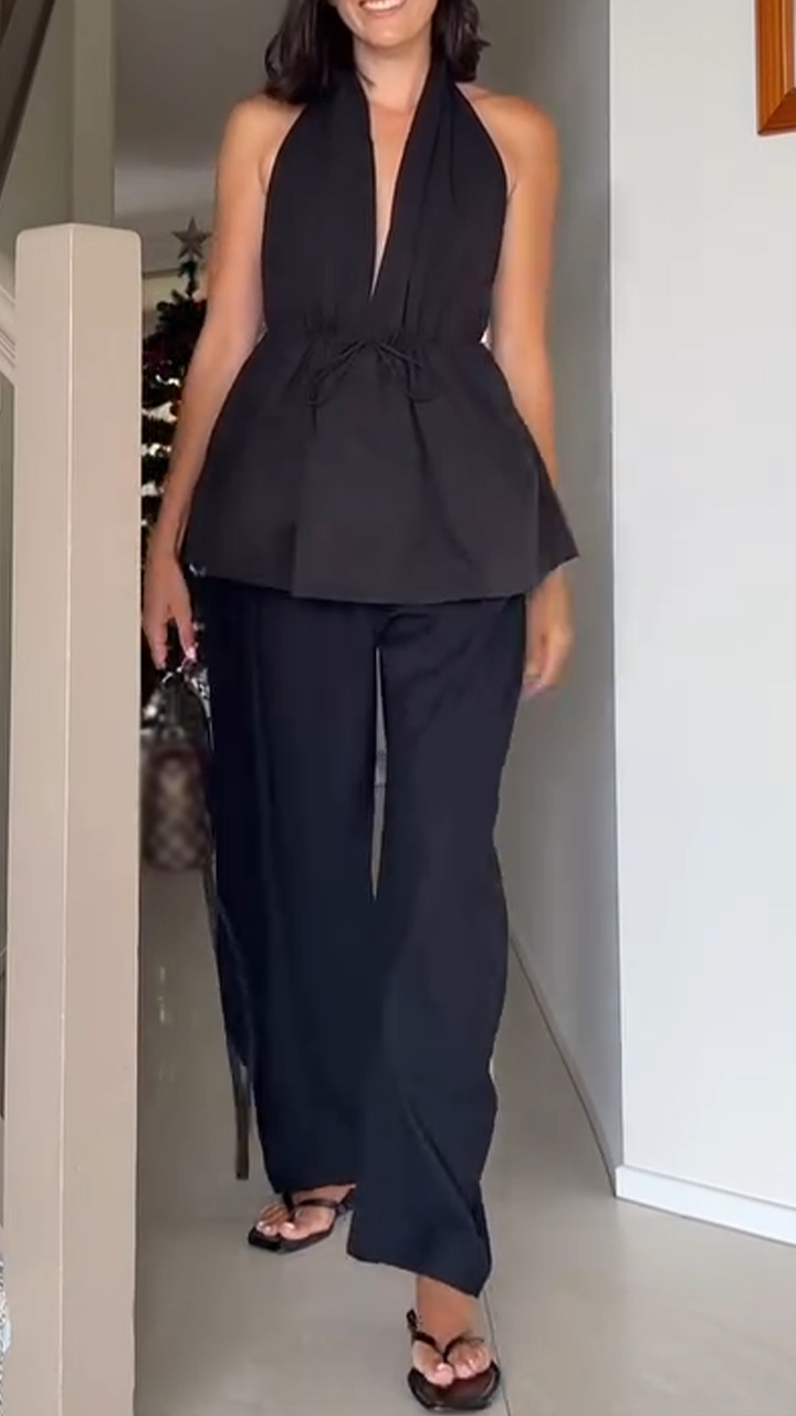 Women Neck Hanging Back Hollow Solid Color Casual Suit