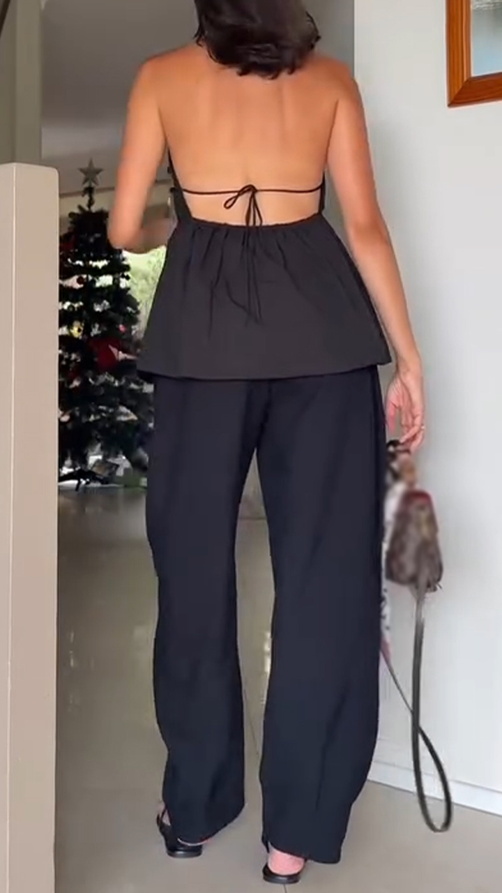 Women Neck Hanging Back Hollow Solid Color Casual Suit