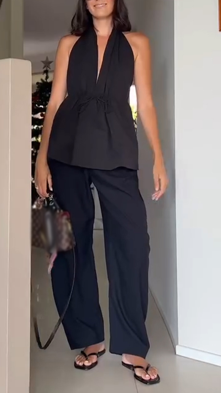 Women Neck Hanging Back Hollow Solid Color Casual Suit