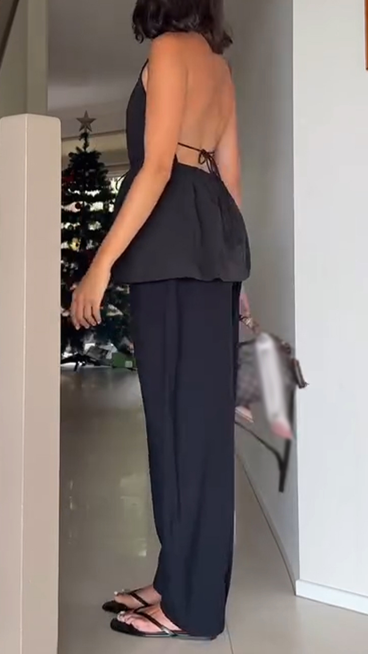 Women Neck Hanging Back Hollow Solid Color Casual Suit