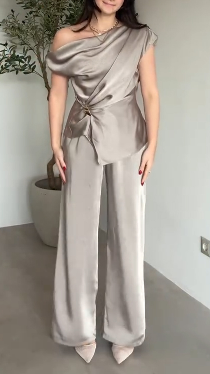 Women Diagonal Collar Pleated Top+ Pants Satin Temperament Casual Suit