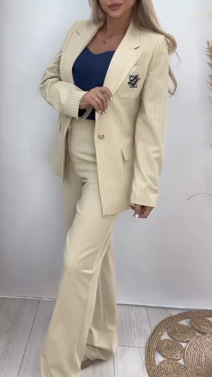 Women Collar Vertical Stripe Temperament Commuting Suit