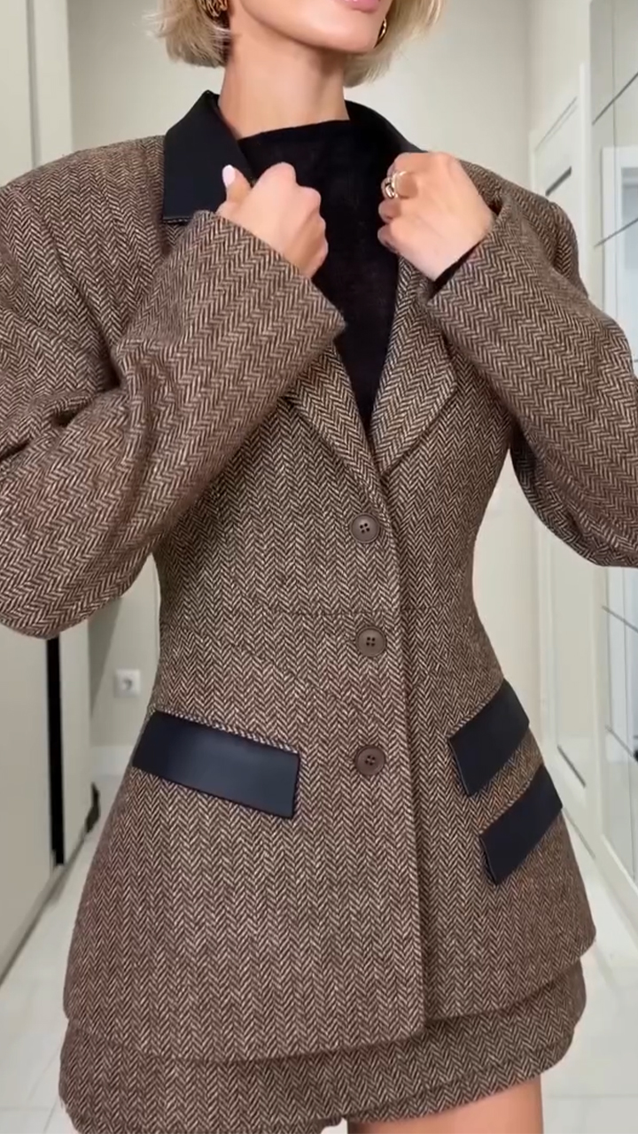 Women Collar Jacket+ Patchwork Half Skirt Temperament Commuting Set