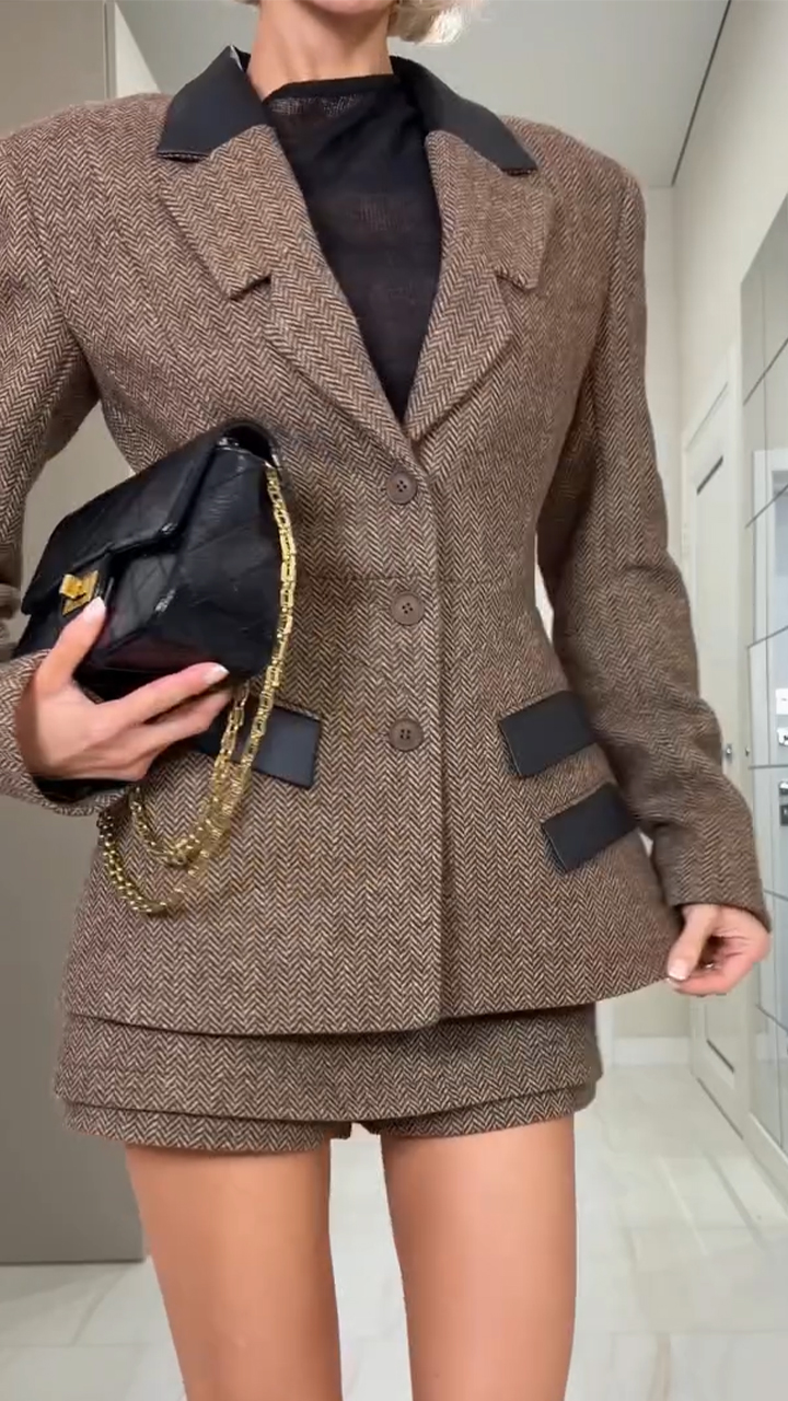 Women Collar Jacket+ Patchwork Half Skirt Temperament Commuting Set