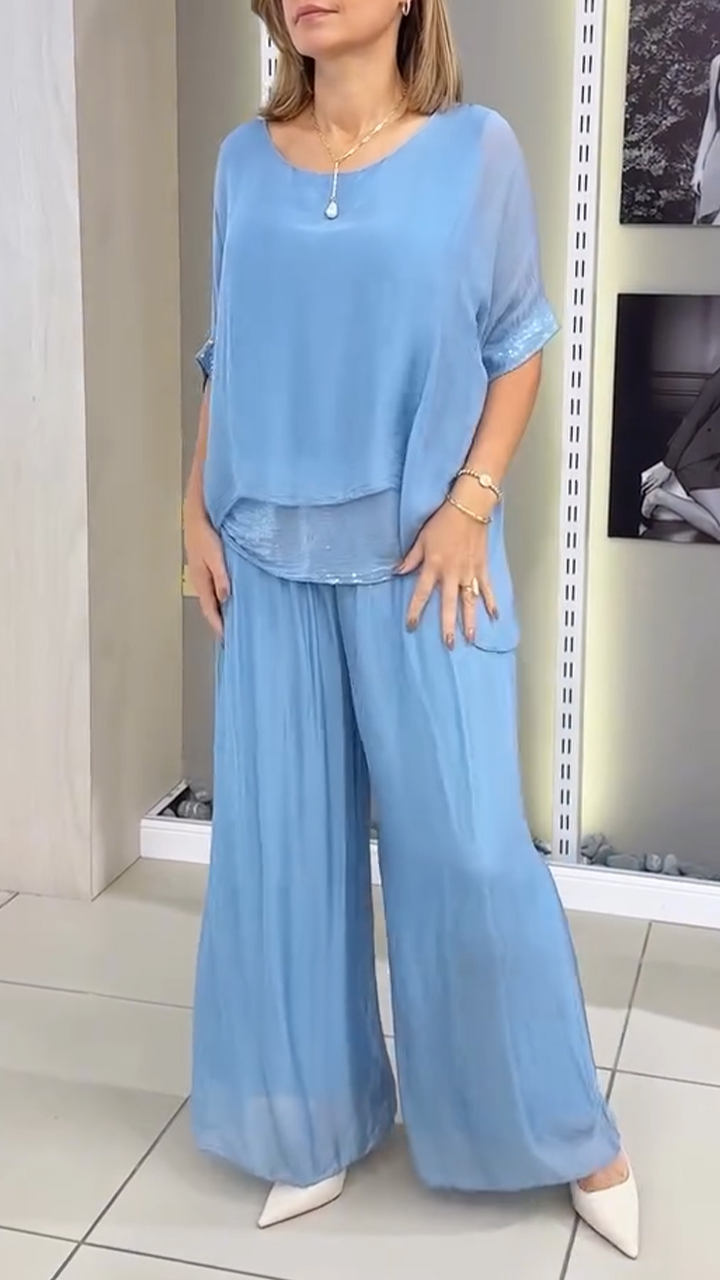 Women Round Neck Patchwork Top+ Pants Casual Suit