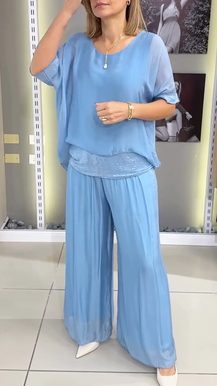 Women Round Neck Patchwork Top+ Pants Casual Suit