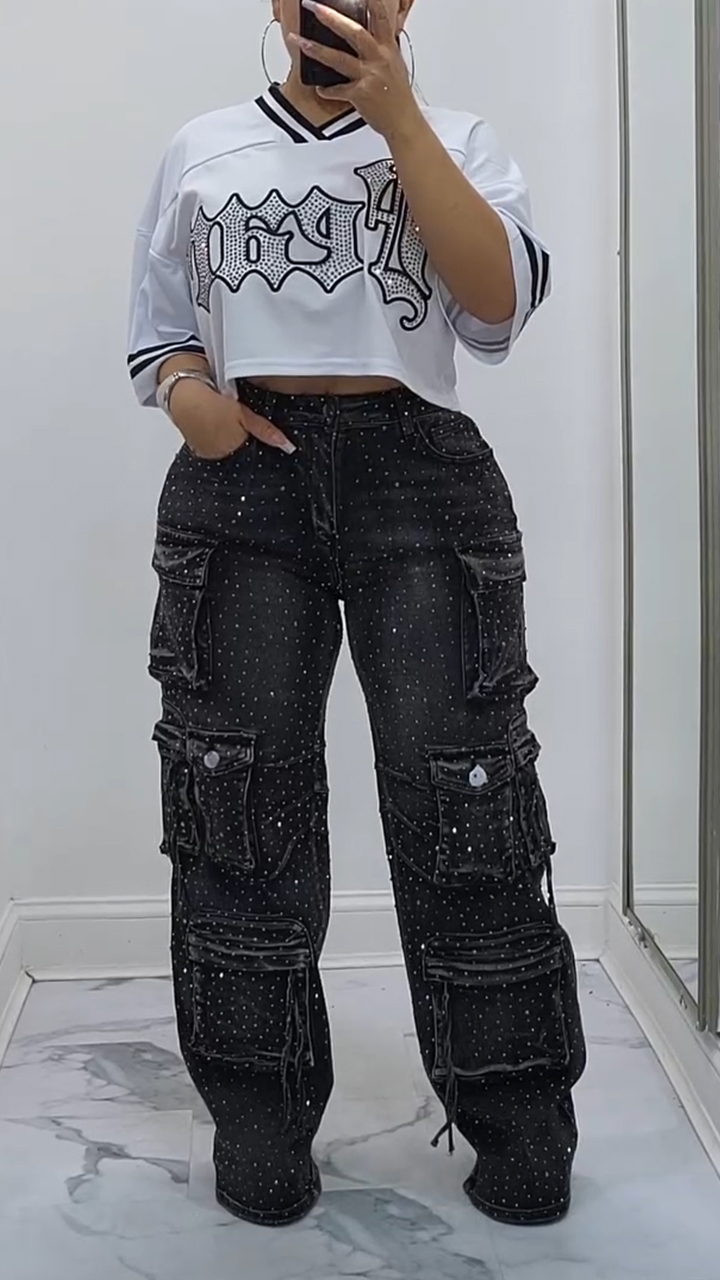 Women Hot Stamping Rhinestone Spliced Multi Pocket Casual Jeans