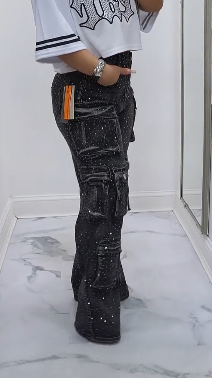 Women Hot Stamping Rhinestone Spliced Multi Pocket Casual Jeans