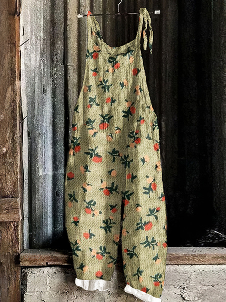 Vintage Cherry Linen Blend Loose Casual Jumpsuit