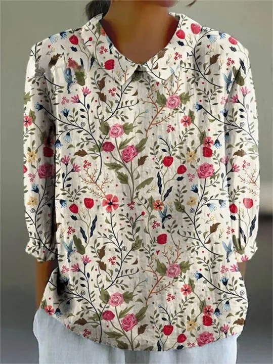 Women's Vintage Floral Art Print Casual Cotton And Linen 3/4 Sleeve Sh