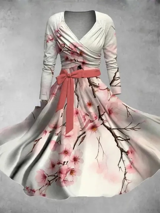 Vintage Floral Print V-Neck Elegant Chic Midi Two-Piece Long Sleeve Dress