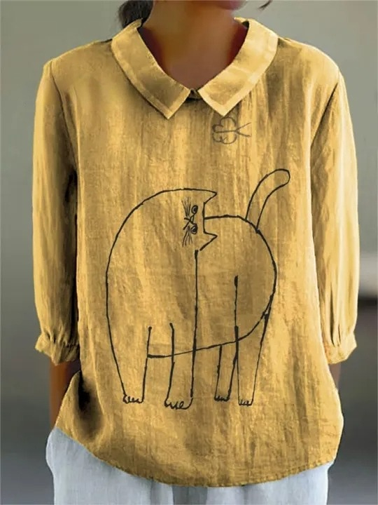 Women's Hand Drawn Cat Art Print Casual Cotton And Linen 3/4 Sleeve Shirt
