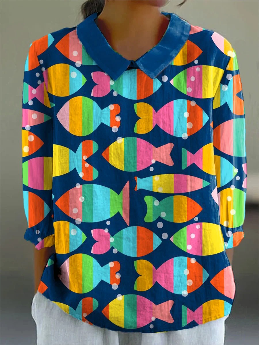 Women's Colorful Abstract Fish Art Print Casual Cotton And Linen 3/4 Sleeve Shirt