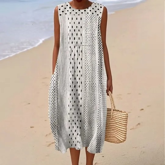 Women's Vintage Abstract Geometry Art Print Sleeveless Cotton Pocket Wrap Dress